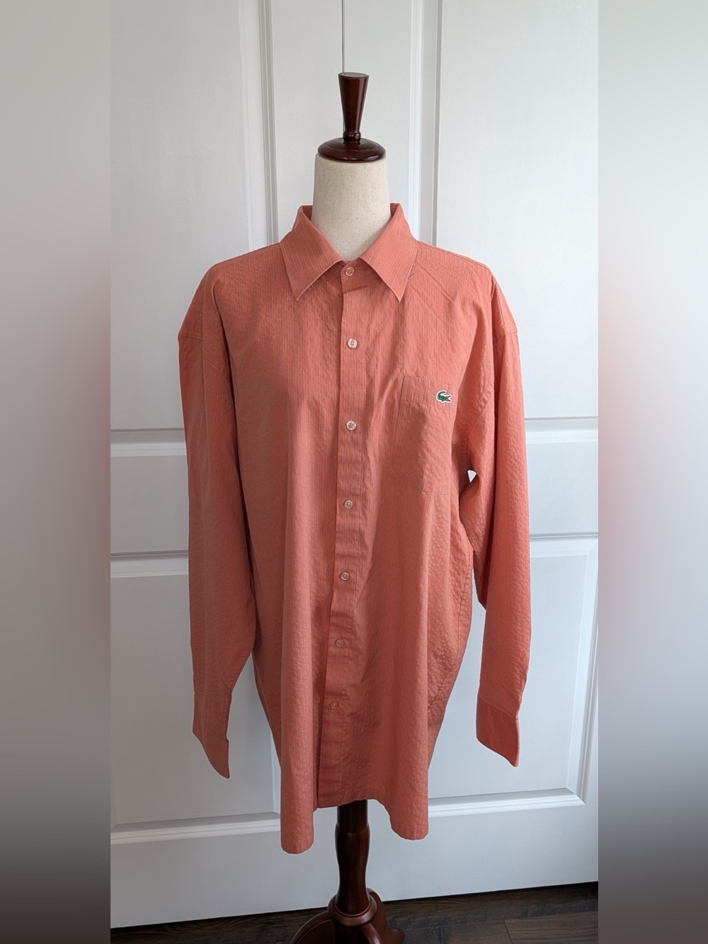 Lacoste Men's Long Sleeve Button-Up Shirt Preppy Coral Pinstripe Size 8/XXXL